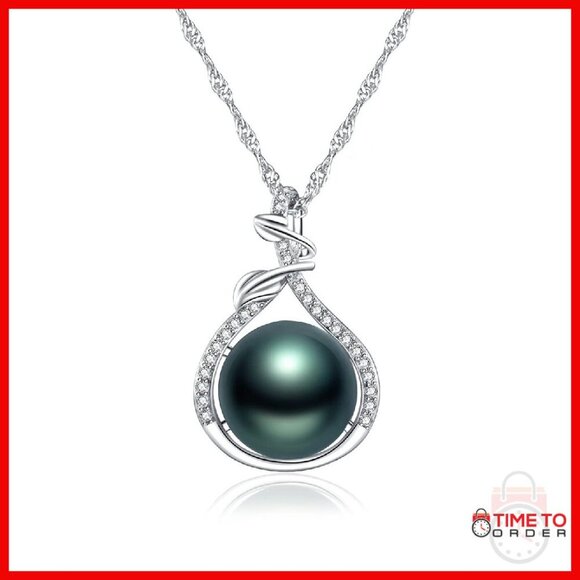 Tahitian Black Pearl Pendant Necklace 18K White Gold Plated Sterling Silver